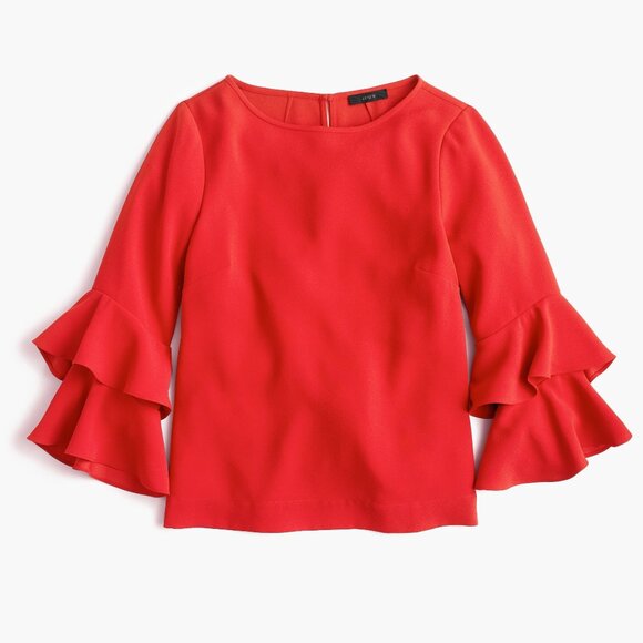 NWT Womens Size 8 J. Crew Red Tiered Bell Sleeve Blouse Top in Drapey Crepe NEW - Picture 1 of 4